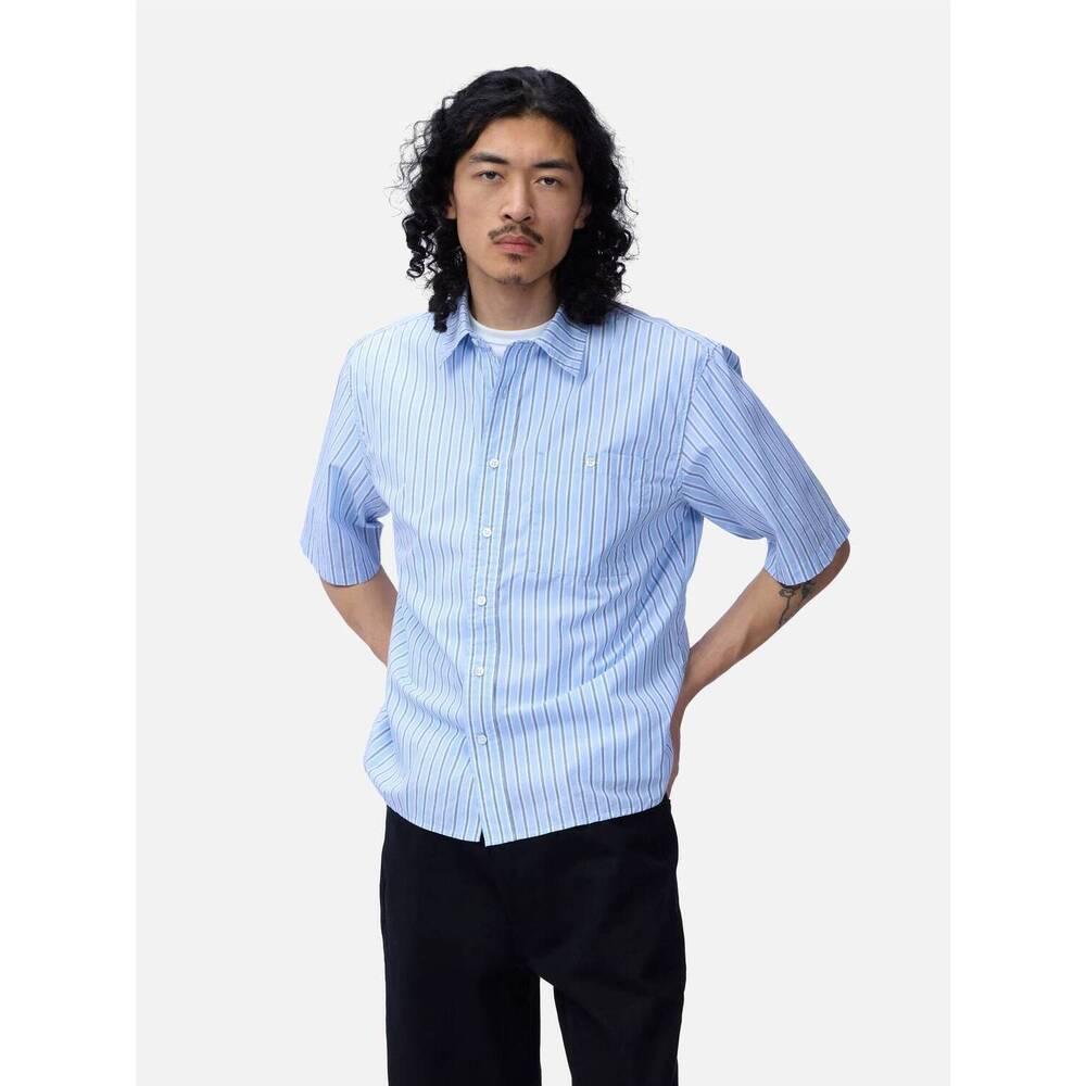 NEW 3SIXTEEN short sleeve commuter work shirt in blue stripe